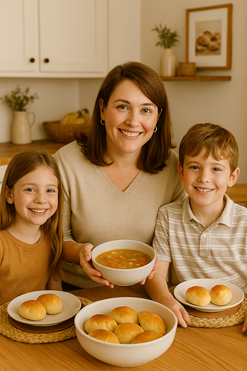 Emma Sharing a Family Meal with Her Children Emma Blake sitting at the table with her two smiling kids enjoying soup and bread rolls